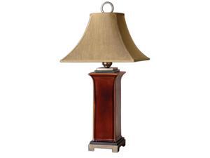 35" Burnt Russet Brown Ceramic & Golden Bronze Square Bell Shade Table Lamp 35" Burnt Russet Brown Ceramic & Golden Bronze Square Bell Shade Table Lamp