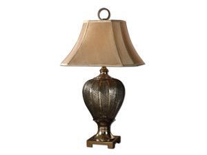 33" Antiqued Champagne Silver Metal & Taupe Square Bell Shade Table Lamp 33" Antiqued Champagne Silver Metal & Taupe Square Bell Shade Table Lamp