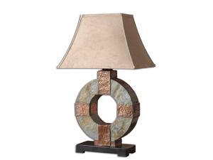 29" Slate Circle, Hammered Copper & Brown Rectangular Bell Shade Table Lamp 29" Slate Circle, Hammered Copper & Brown Rectangular Bell Shade Table Lamp
