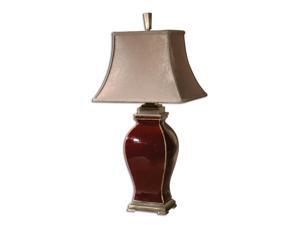 33" Burgundy Ceramic, Bronze Metal & Taupe Rectangular Bell Shade Table Lamp 33" Burgundy Ceramic, Bronze Metal & Taupe Rectangular Bell Shade Table Lamp