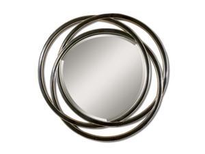 48" Matte Black & Silver Entwined Circles Framed Beveled Round Wall Mirror 48" Matte Black & Silver Entwined Circles Framed Beveled Round Wall Mirror