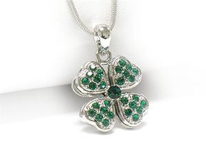 White Gold Plating Green Crystal Four Leaf Clover Pendant Necklace White Gold Plating Green Crystal Four Leaf Clover Pendant Necklace