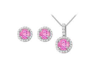 September Birthstone Pink Sapphire with CZ Halo Earrings and Pendant in 925 Sterling Silver September Birthstone Pink Sapphire with CZ Halo Earrings and Pendant in 925 Sterling Silver