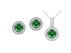 May Birthstone Emerald with CZ Halo Earrings and Pendant in 925 Sterling Silver May Birthstone Emerald with CZ Halo Earrings and Pendant in 925 Sterling Silver