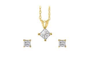 Princess Cut Diamond Pendant Earrings Jewelry Set Gold Princess Cut Diamond Pendant Earrings Jewelry Set Gold