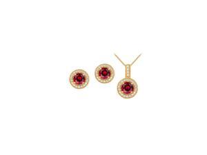 July Birthstone Ruby with CZ Halo Earrings and Pendant in 18K Yellow Gold Vermeil July Birthstone Ruby with CZ Halo Earrings and Pendant in 18K Yellow Gold Vermeil