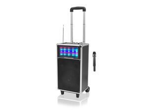 New Pyle PWMA850UFM 400 Watt Portable PA Speaker System with USB/SD Readers, FM Radio, 3.5mm Input, Microphone Inputs, VHF Wireless Microphone, Rechargeable Battery and Flashing Lights New Pyle PWMA850UFM 400 Watt Portable PA Speaker System with USB/SD Readers, FM Radio, 3.5mm Input, Microphone Inputs, VHF Wireless Microphone, Rechargeable Battery and Flashing Lights