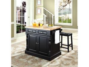 Crosley Butcher Block Top Kitchen Island in Black w/ 24" Black Upholstered Saddle Stools Crosley Butcher Block Top Kitchen Island in Black w/ 24" Black Upholstered Saddle Stools