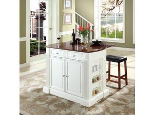 Crosley Drop Leaf Breakfast Bar Top Kitchen Island in White w/ 24" Cherry Upholstered Saddle Stools Crosley Drop Leaf Breakfast Bar Top Kitchen Island in White w/ 24" Cherry Upholstered Saddle Stools