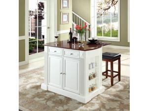 Crosley Drop Leaf Breakfast Bar Top Kitchen Island in White w/ 24" Cherry Upholstered Square Seat Stools Crosley Drop Leaf Breakfast Bar Top Kitchen Island in White w/ 24" Cherry Upholstered Square Seat Stools