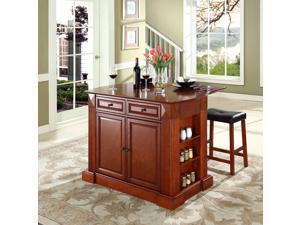 Crosley Drop Leaf Breakfast Bar Top Kitchen Island in Cherry w/ 24" Cherry Upholstered Saddle Stools Crosley Drop Leaf Breakfast Bar Top Kitchen Island in Cherry w/ 24" Cherry Upholstered Saddle Stools