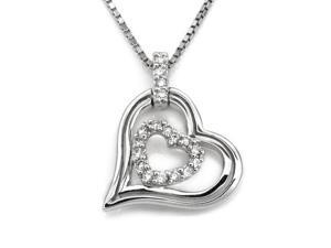 18K White Gold Hollow Double Heart Diamond Accent Pendant W/925 Sterling Silver Chain 18" (0.15 carats, G-H color, SI1-2 Clarity) 18K White Gold Hollow Double Heart Diamond Accent Pendant W/925 Sterling Silver Chain 18" (0.15 carats, G-H color, SI1-2 Clarity)