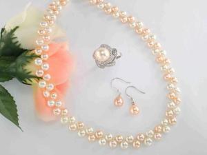 JA-ME 16" 6mm White & Orange Freshwater Pearl Necklace with 7x8mm Oval Freshwater Orange Pearl Sterling Silver Drop Earrings with 10mm Swarovski Crystal Pearl Ring. JA-ME 16" 6mm White & Orange Freshwater Pearl Necklace with 7x8mm Oval Freshwater Orange Pearl Sterling Silver Drop Earrings with 10mm Swarovski Crystal Pearl Ring.