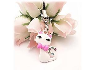 Bow Tied Cat W/ Multi Colored Gems Cellphone Charm/strap - White Bow Tied Cat W/ Multi Colored Gems Cellphone Charm/strap - White