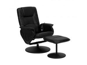 Massaging Black Leather Recliner and Ottoman with Leather Wrapped Base Massaging Black Leather Recliner and Ottoman with Leather Wrapped Base