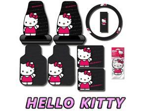 8pc Waving Hello Kitty Car Interior Gift Set with 4pc Floor Mats 2pc Seat Covers Steering Wheel Cover and Air Freshener 8pc Waving Hello Kitty Car Interior Gift Set with 4pc Floor Mats 2pc Seat Covers Steering Wheel Cover and Air Freshener