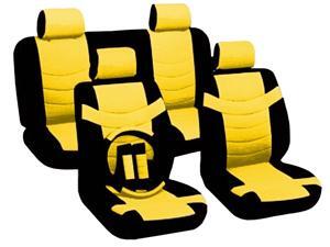 Yellow & Black Two Tone PU Low Back Synthetic Leather Seat Covers with Steering Wheel & Seat Belt Pads Yellow & Black Two Tone PU Low Back Synthetic Leather Seat Covers with Steering Wheel & Seat Belt Pads