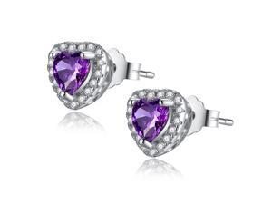 Mabella 1.0 CTTW. 5mm Heart Created Amethyst .925 Sterling Silver Stud Earrings Mabella 1.0 CTTW. 5mm Heart Created Amethyst .925 Sterling Silver Stud Earrings