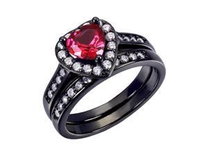 Mabella 0.75Ct (6mm) Created Ruby Heart Cut Sterling Silver Black Wedding Women's Ring Set - Size 5 Mabella 0.75Ct (6mm) Created Ruby Heart Cut Sterling Silver Black Wedding Women's Ring Set - Size 5