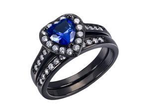 Mabella 0.75Ct (6mm) Created Blue Sapphire Heart Cut Sterling Silver Black Wedding Women's Ring Set - Size 6 Mabella 0.75Ct (6mm) Created Blue Sapphire Heart Cut Sterling Silver Black Wedding Women's Ring Set - Size 6