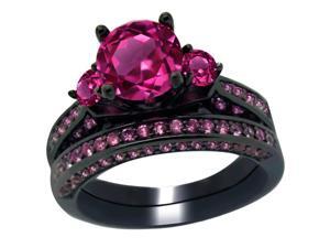 Mabella 1.25Ct (7mm) Created Pink Sapphire Round Cut Sterling Silver Black Wedding Women's Ring Set - Size 9 Mabella 1.25Ct (7mm) Created Pink Sapphire Round Cut Sterling Silver Black Wedding Women's Ring Set - Size 9