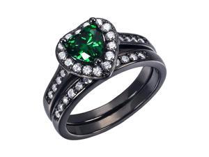 Mabella 0.75Ct (6mm) Created Emerald Heart Cut Sterling Silver Black Wedding Women's Ring Set - Size 7 Mabella 0.75Ct (6mm) Created Emerald Heart Cut Sterling Silver Black Wedding Women's Ring Set - Size 7