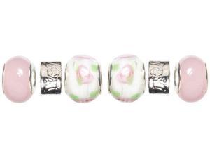 Trinkettes Glass & Metal & Clay Beads 6/Pkg-Pink & White Roses Trinkettes Glass & Metal & Clay Beads 6/Pkg-Pink & White Roses