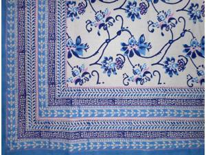 Ajit Flowers Block Print Cotton Tablecloth 90" x 60" Blue Ajit Flowers Block Print Cotton Tablecloth 90" x 60" Blue