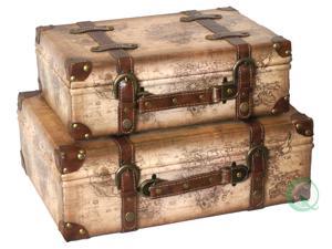 Old World Map Leather Vintage Style Suitcase with Straps Set of 2 Old World Map Leather Vintage Style Suitcase with Straps Set of 2