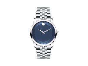 Movado Men's Museum Classic watch, , blue metallic Museum dial with tone-on-tone outer ring and silver-toned dot and hands, stainless steel link bracelet with deployment clasp. Movado Men's Museum Classic watch, , blue metallic Museum dial with tone-on-tone outer ring and silver-toned dot and hands, stainless steel link bracelet with deployment clasp.