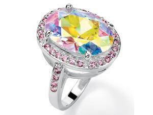 PalmBeach Jewelry 13.57 TCW Oval-Cut Aurora Borealis Cubic Zirconia Pink CZ Accent Silvertone Ring PalmBeach Jewelry 13.57 TCW Oval-Cut Aurora Borealis Cubic Zirconia Pink CZ Accent Silvertone Ring