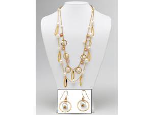 Simulated Pearl and Pink Disk Double-Strand Two-Piece Jewelry Set in Yellow Gold Tone Simulated Pearl and Pink Disk Double-Strand Two-Piece Jewelry Set in Yellow Gold Tone