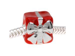European Style Large Hole Bead, Present with Bow 12x9mm, Silver Tone with Red European Style Large Hole Bead, Present with Bow 12x9mm, Silver Tone with Red