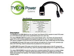 Tycon Power POE-INJ-LED-S POE Inserter Power POE power CAT5 ethernet cable Tycon Power POE-INJ-LED-S POE Inserter Power POE power CAT5 ethernet cable