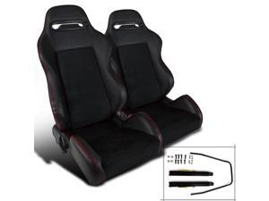 Pair Recaro Style Jdm Black Leather Red Stitching Fully Reclinable Racing Seats Pair Recaro Style Jdm Black Leather Red Stitching Fully Reclinable Racing Seats