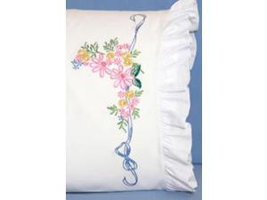 Stamped Lace Edge Pillowcase 30"X20" 2/Pkg-Ribbon & Flower Stamped Lace Edge Pillowcase 30"X20" 2/Pkg-Ribbon & Flower