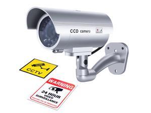 Dummy Fake Camera Home Security System Simulated Surveillance Waterproof CCTV Indoor Outdoor Use with LED Flashing Red Light and Mounting Bracket in Silver Dummy Fake Camera Home Security System Simulated Surveillance Waterproof CCTV Indoor Outdoor Use with LED Flashing Red Light and Mounting Bracket in Silver