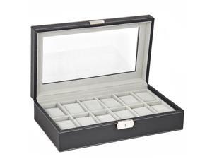 Watch Box Large 12 Mens Black Leather Display Glass Top Jewelry Case Organizer Watch Box Large 12 Mens Black Leather Display Glass Top Jewelry Case Organizer