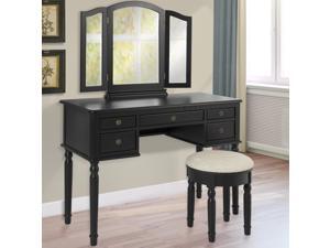 BCP Wooden Makeup Jewelry Vanity Set Table With Mirror and Seat Bench Black BCP Wooden Makeup Jewelry Vanity Set Table With Mirror and Seat Bench Black
