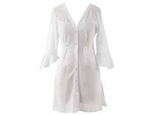 White Cotton Beach Cover-Up Dress With Lace Shoulders & Bell Sleeves White Cotton Beach Cover-Up Dress With Lace Shoulders & Bell Sleeves