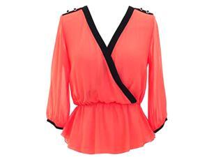 Coral Semi Sheer Long Sleeve Crepe Chiffon Blouse Top With Black Trim Coral Semi Sheer Long Sleeve Crepe Chiffon Blouse Top With Black Trim