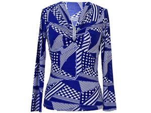 Blue & White Geometric Print Top With Crystal Rhinestone Broach Blue & White Geometric Print Top With Crystal Rhinestone Broach