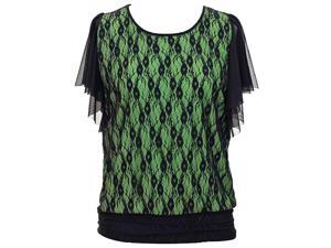 Green Top With Black Lace Overlay & Wispy Short Sleeves Green Top With Black Lace Overlay & Wispy Short Sleeves