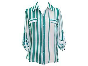 Teal & White Striped Chiffon Blouse With Button Tab Sleeves Teal & White Striped Chiffon Blouse With Button Tab Sleeves