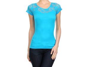 Turquoise Short Sleeve Lightweight Fashion Top With Floral Lace Trim Turquoise Short Sleeve Lightweight Fashion Top With Floral Lace Trim