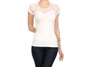 White Short Sleeve Lightweight Fashion Top With Floral Lace Trim White Short Sleeve Lightweight Fashion Top With Floral Lace Trim