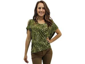 Olive Green Wild Animal Print Peek-A-Boo Shoulders Hi Lo Top Olive Green Wild Animal Print Peek-A-Boo Shoulders Hi Lo Top