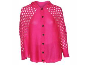Fuchsia Pink Open Knit Crochet Hooded Button Down Cardigan Fuchsia Pink Open Knit Crochet Hooded Button Down Cardigan