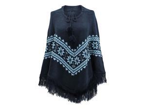 Blue Two-Tone Hooded Poncho With Snowflake Print Blue Two-Tone Hooded Poncho With Snowflake Print