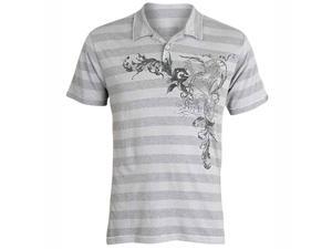 Two Tone Gray Striped Men's Polo With Graphic Print Two Tone Gray Striped Men's Polo With Graphic Print